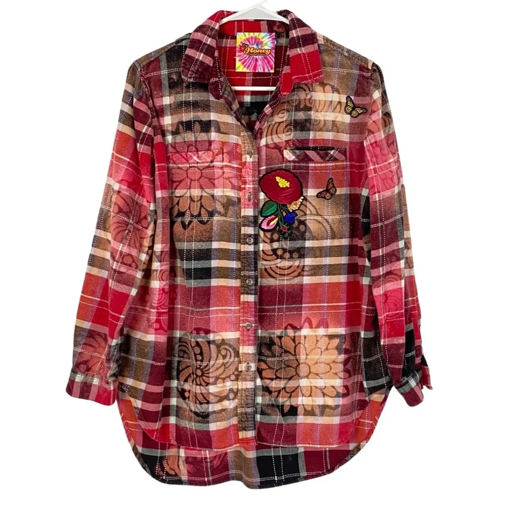 Reworked Stencil Bleached Plaid Flannel Button Down Shirt Womens Size Medium - Picture 1 of 16
